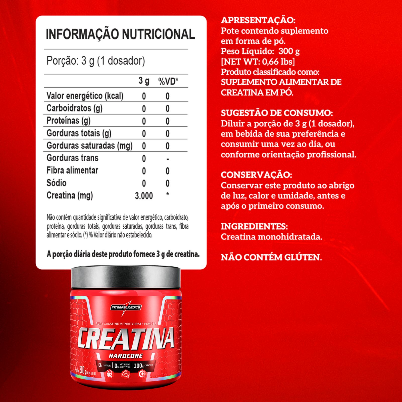 Creatina 100% Pura Hardcore Integralmedica | 300g