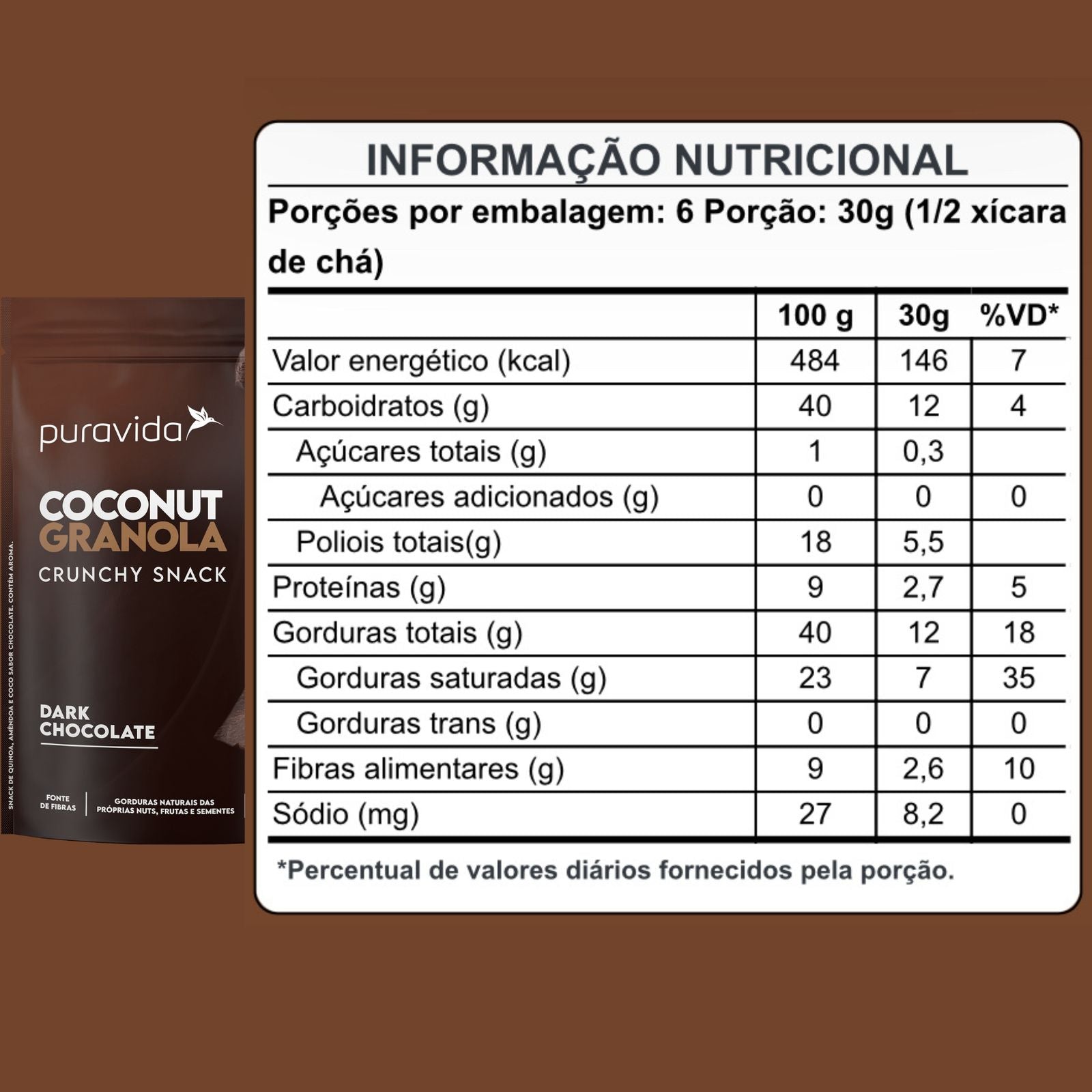 Coconut Granola Crunchy Snack Puravida Dark Chocolate | 180g