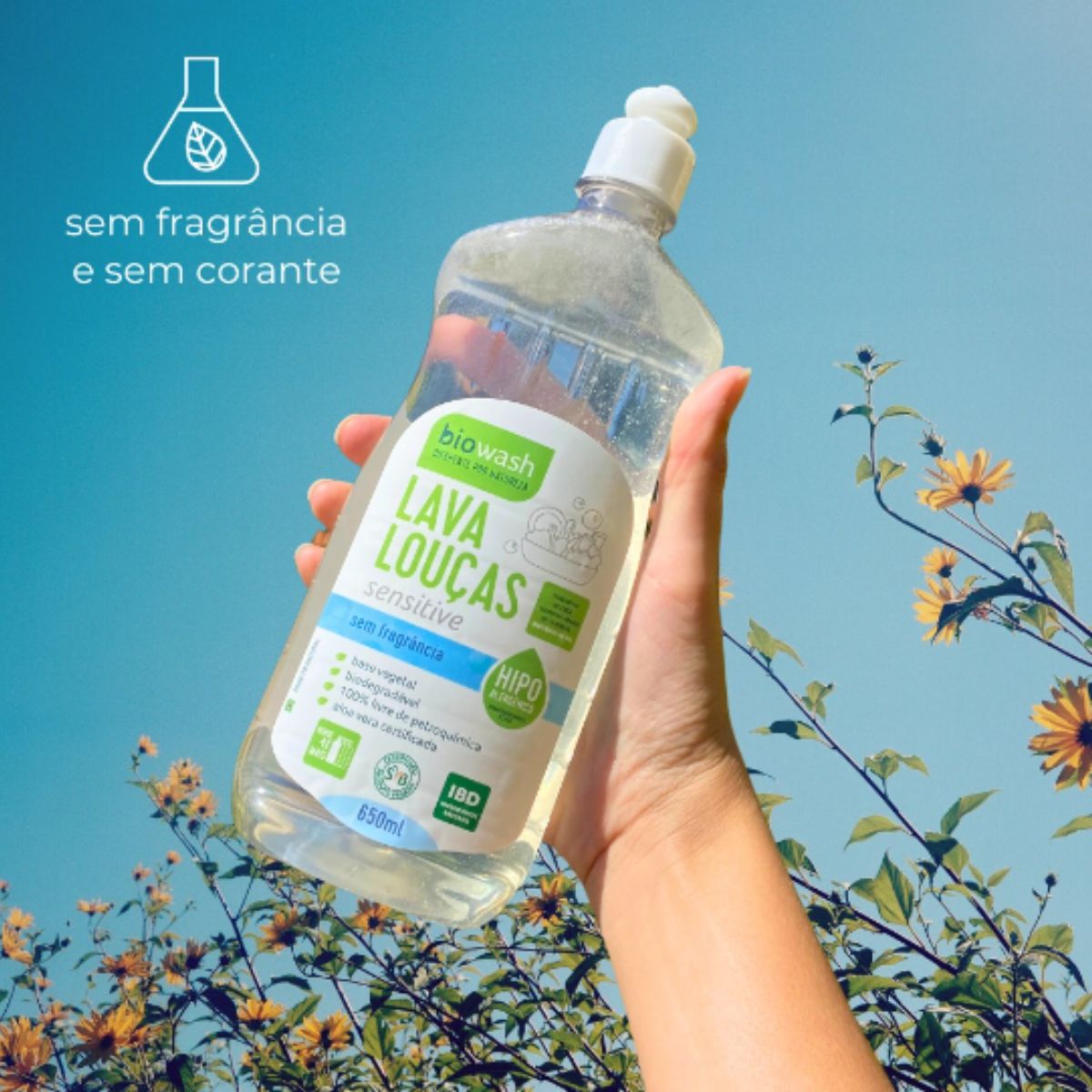 Detergente Lava Louças Sensitive Sem Fragância Biowash | 650ml