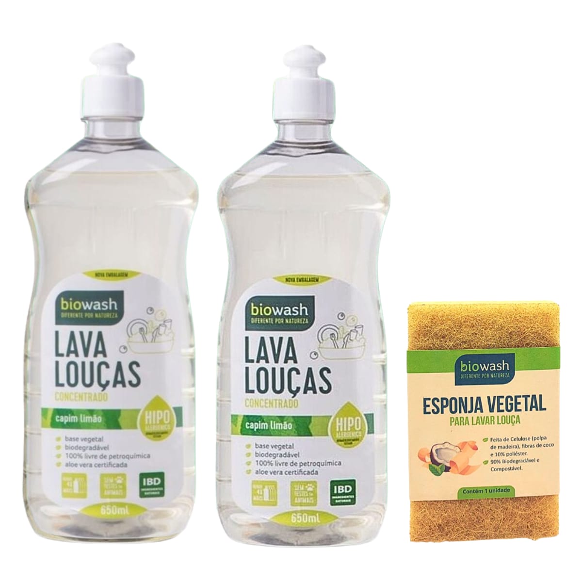 KIT | 2x Detergente Lava Louças Capim Limão + Esponja Biodegradável | BIOWASH