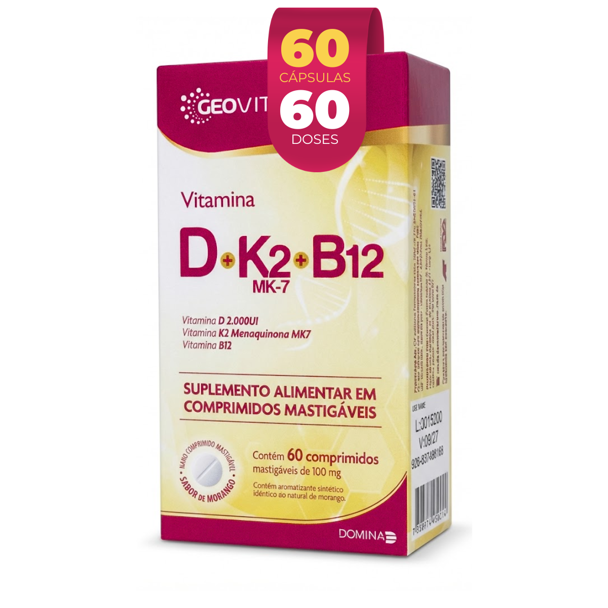 Vitamina D + K2 Mk7 + B12 Geovit Sabor Morango | 60 Comprimidos Mastigáveis