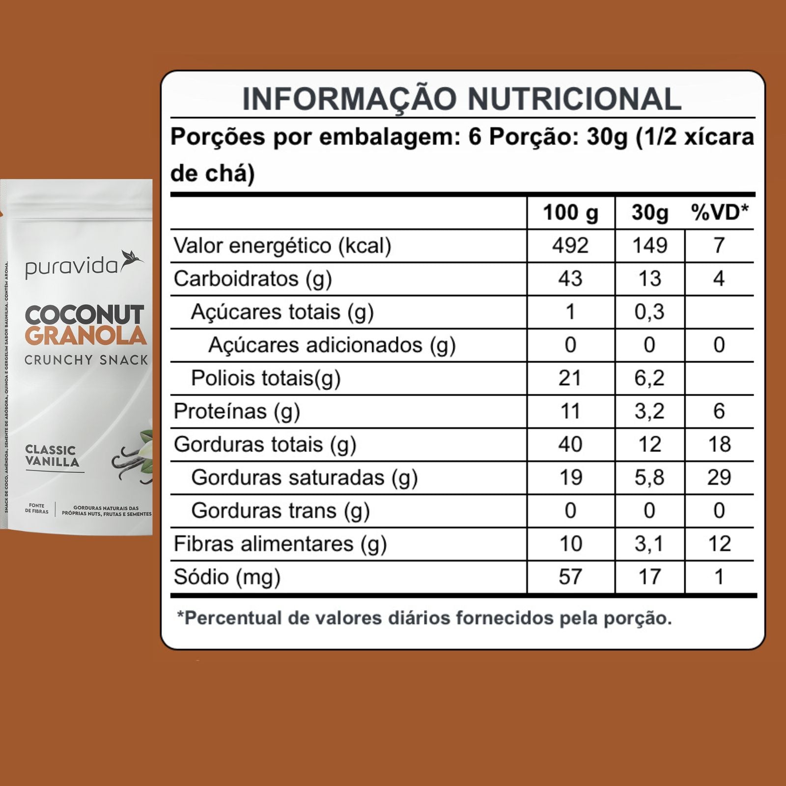 Coconut Granola Crunchy Snack Puravida Baunilha | 180g