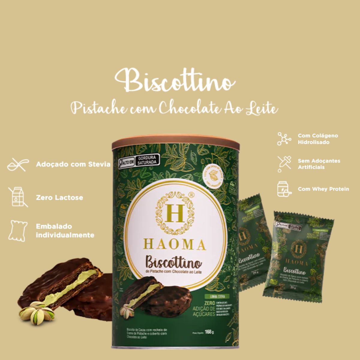 Biscottino Pistache com Chocolate ao Leite Haoma Linha Stevia | 168g