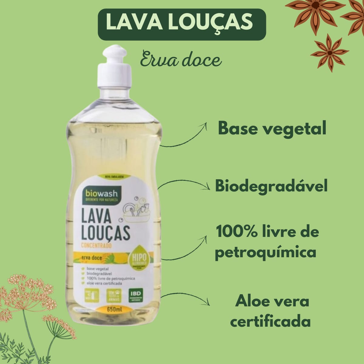 Detergente Lava Louças Erva Doce Biowash | 650ml