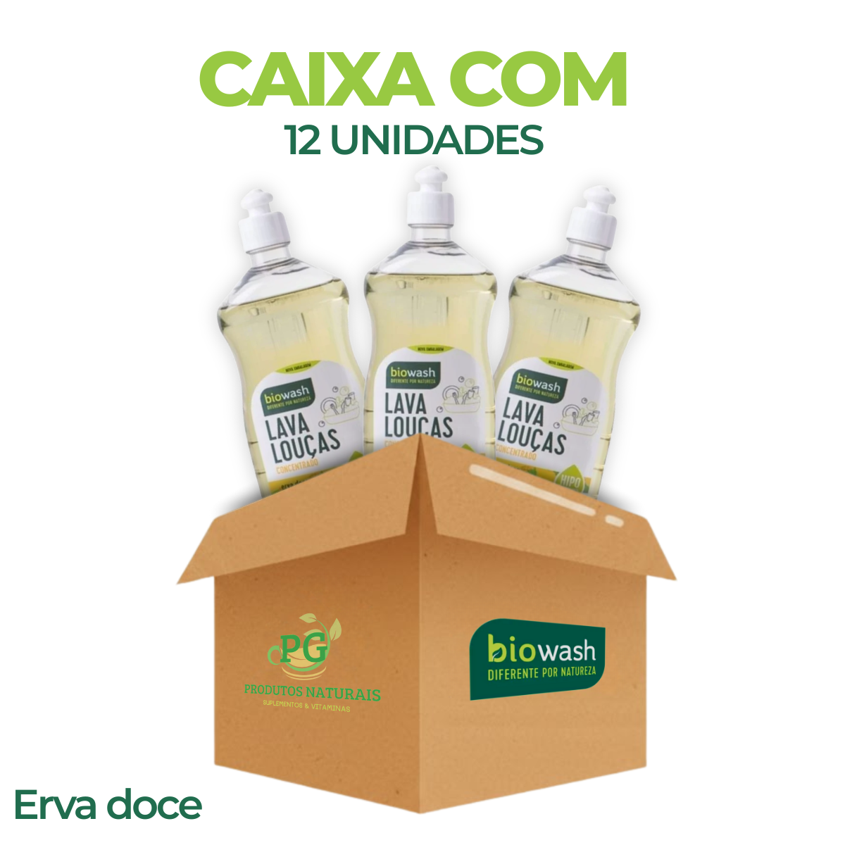 Caixa c/ 12 Detergente Lava Louças 650ml - Erva Doce Biowash Vegano