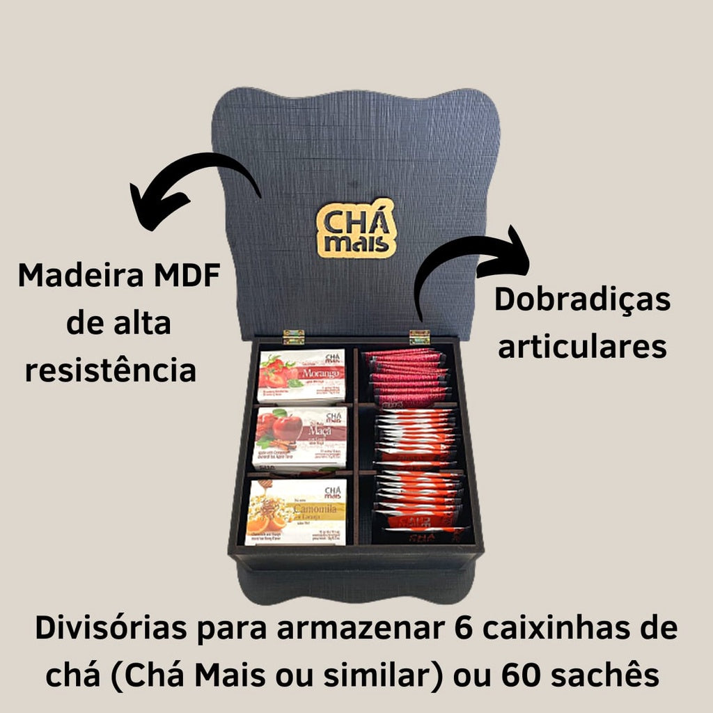 Kit | Caixa De Chá Preta Articulável com 6 Divisórias + 6 Chás | Chámais