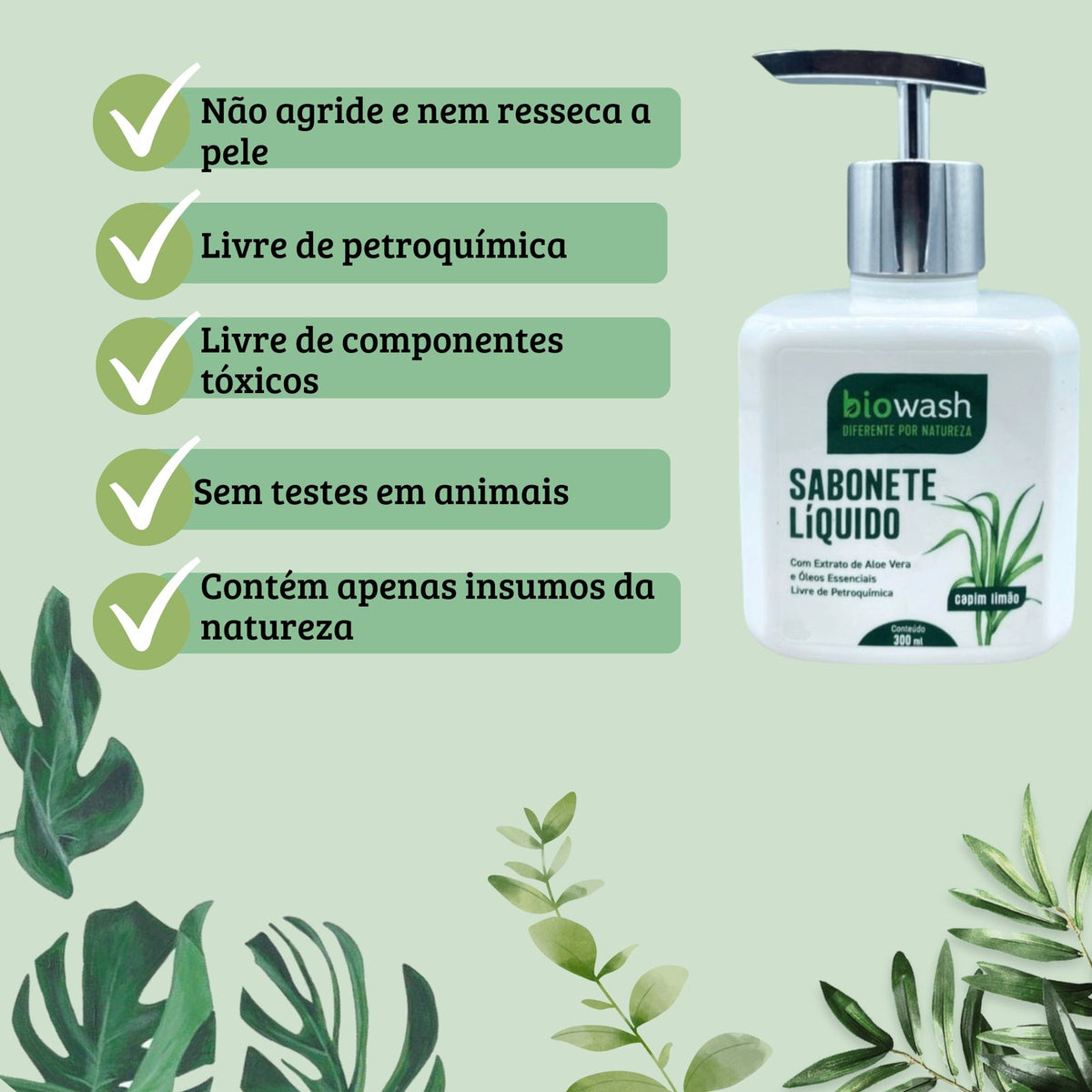 Sabonete Líquido Bio Vegano Capim Limão Biowash | 300ml