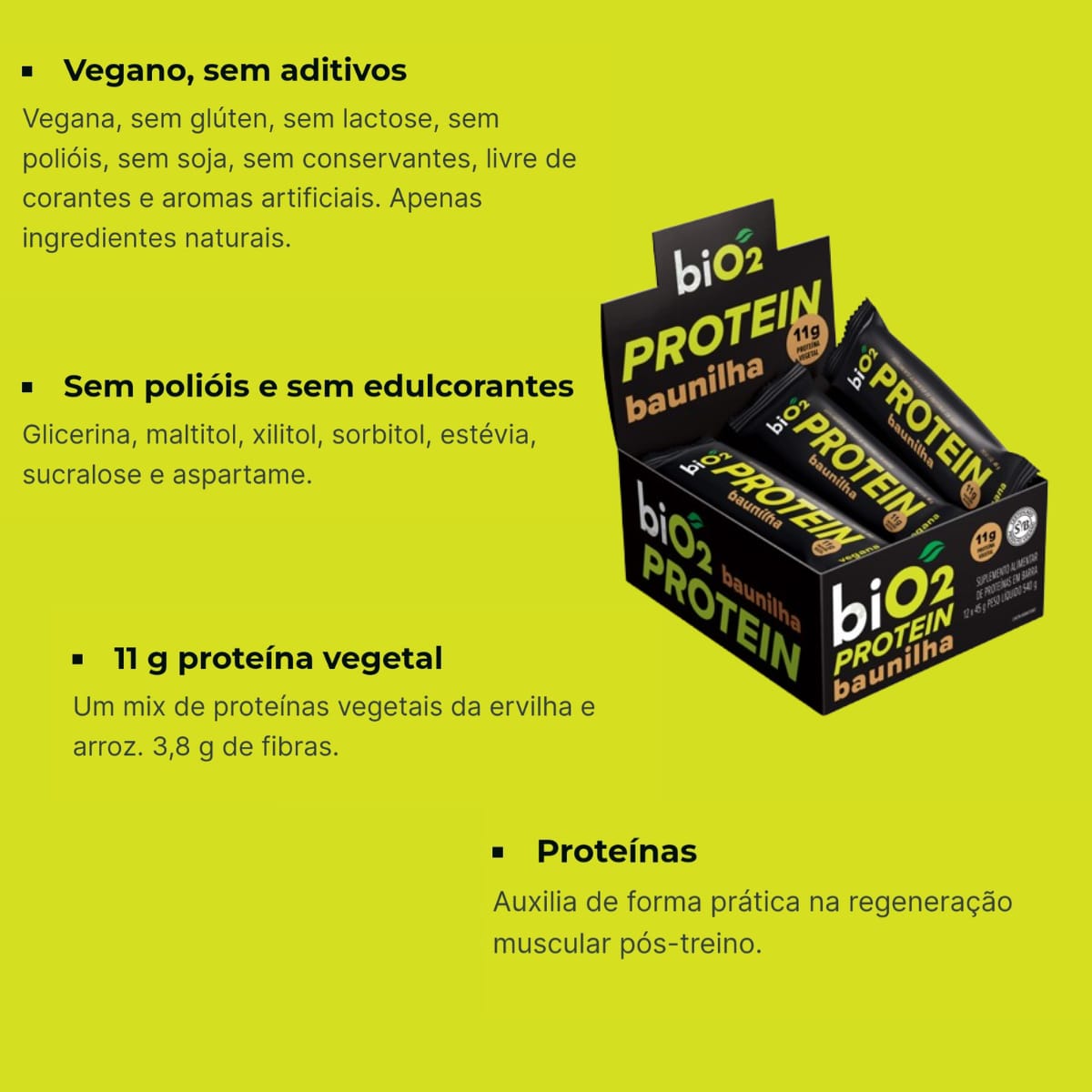 Barra de Proteína Vegana Sem Glúten BiO2 Sabor Baunilha | Cx 12 barrinhas