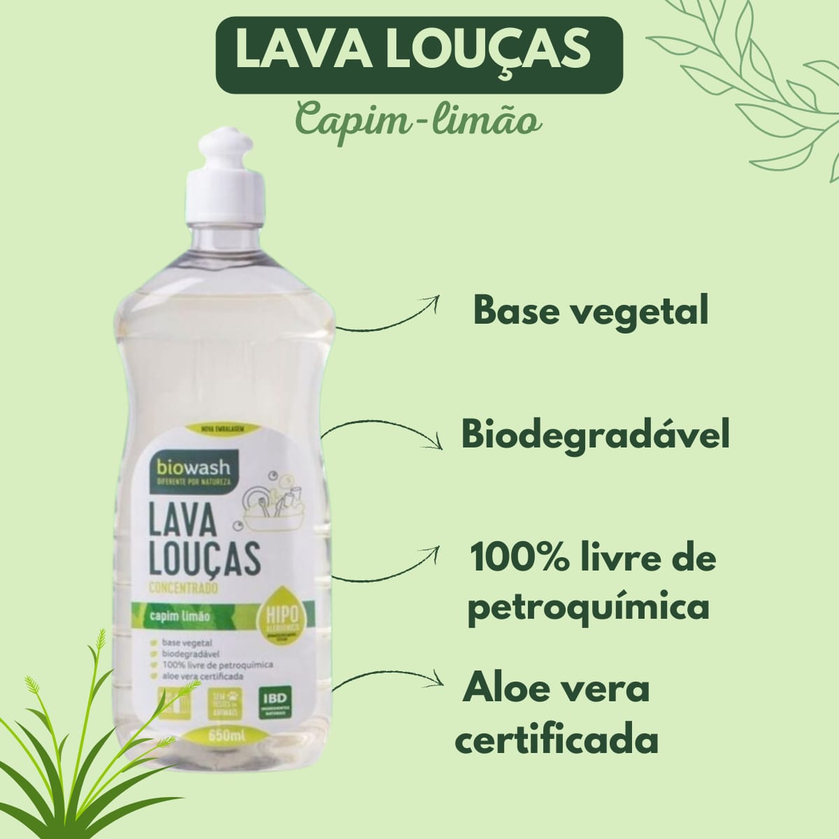 Detergente Lava Louças Capim Limão Biowash | 650ml