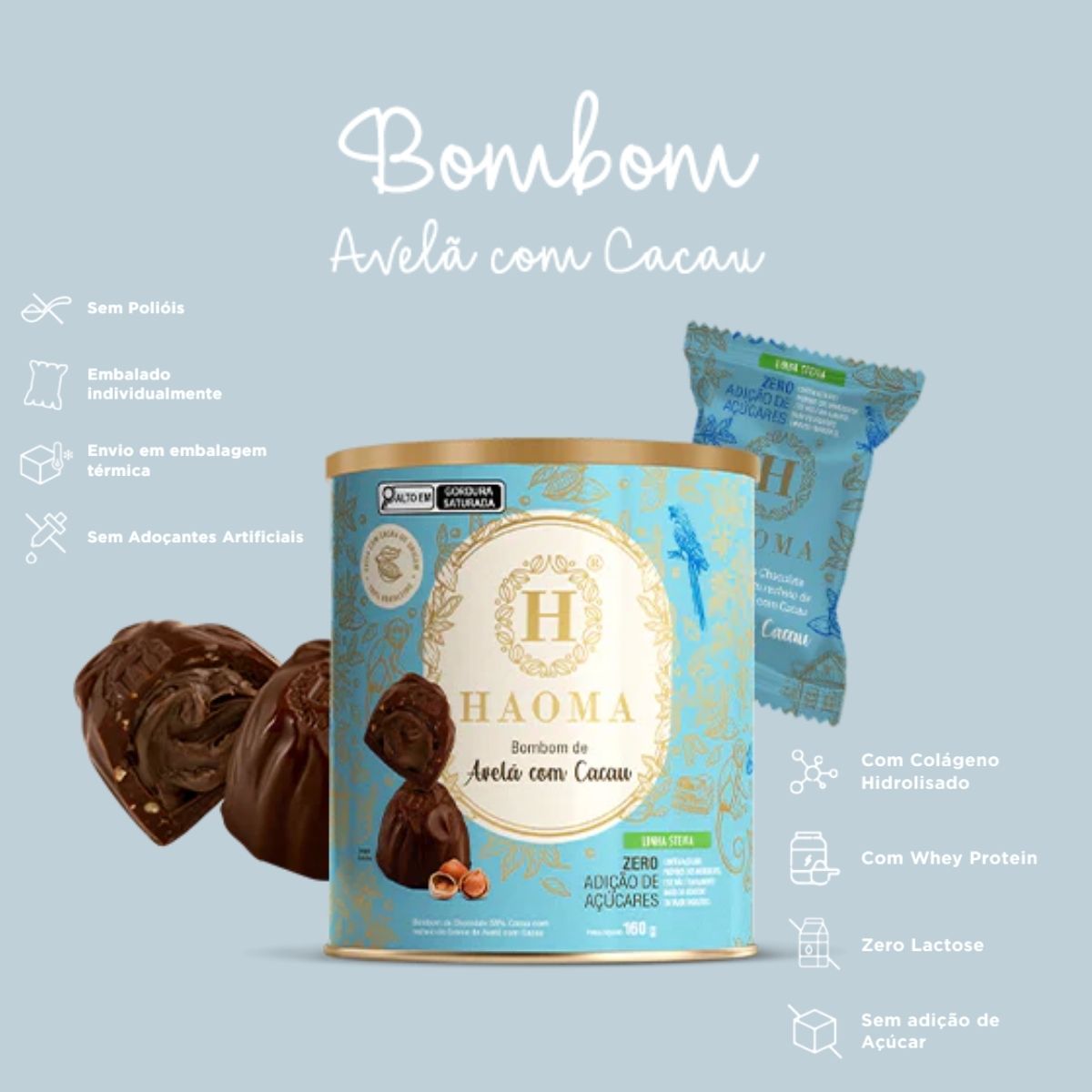 Bombom de Avelã com Cacau Linha Stevia Zero Açúcar Haoma | 200g
