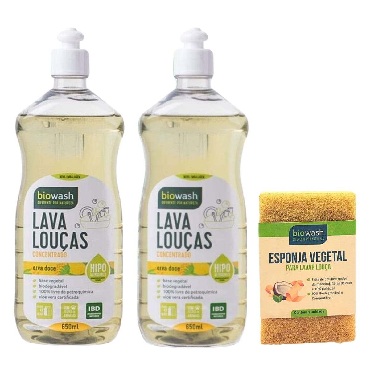 KIT | 2x Detergente Lava Louças Biodegradável Erva Doce + Esponja | BIOWASH