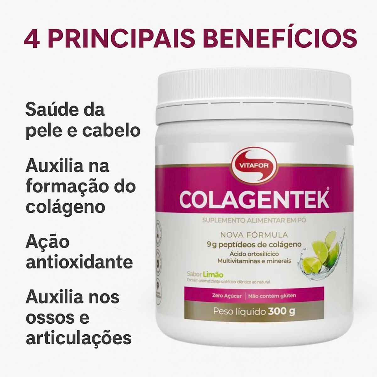 Colagentek | Colágeno Hidrolisado Sabor Limão Vitafor | 300g