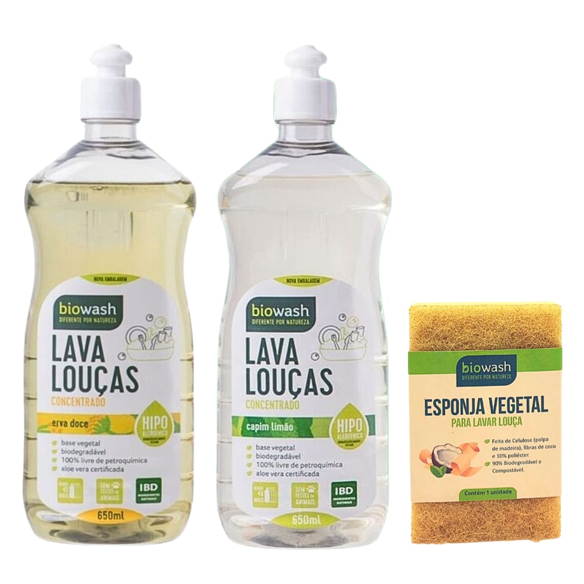 Kit 2x Detergente Lava Louças Biodegradável +Esponja Biowash
