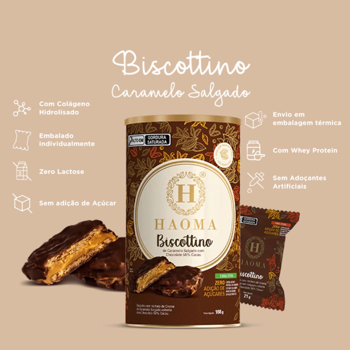 Biscottino Caramelo Salgado Chocolate 56% Cacau Haoma Linha Stevia | 168g