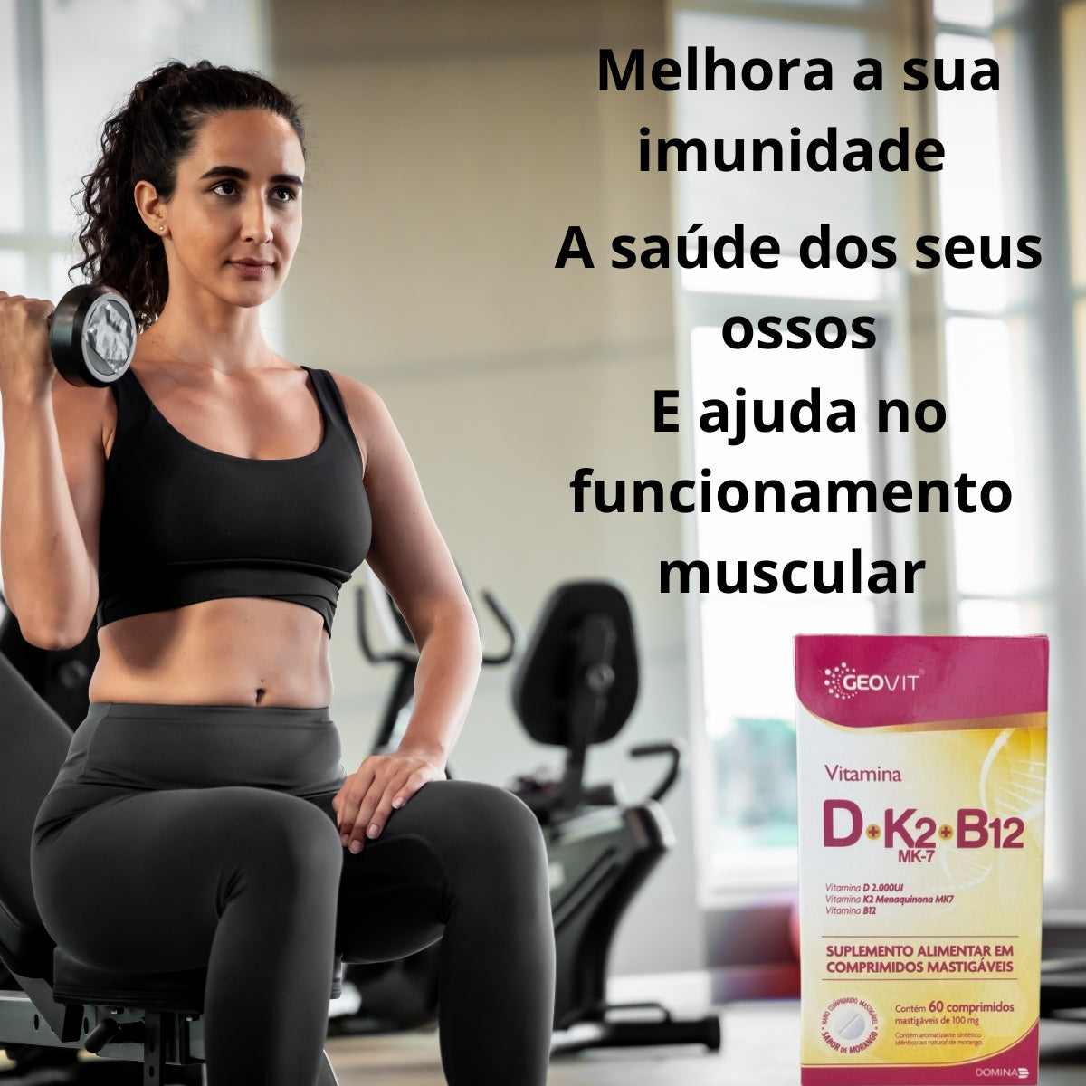 Vitamina D + K2 Mk7 + B12 Geovit Sabor Morango | 60 Comprimidos Mastigáveis