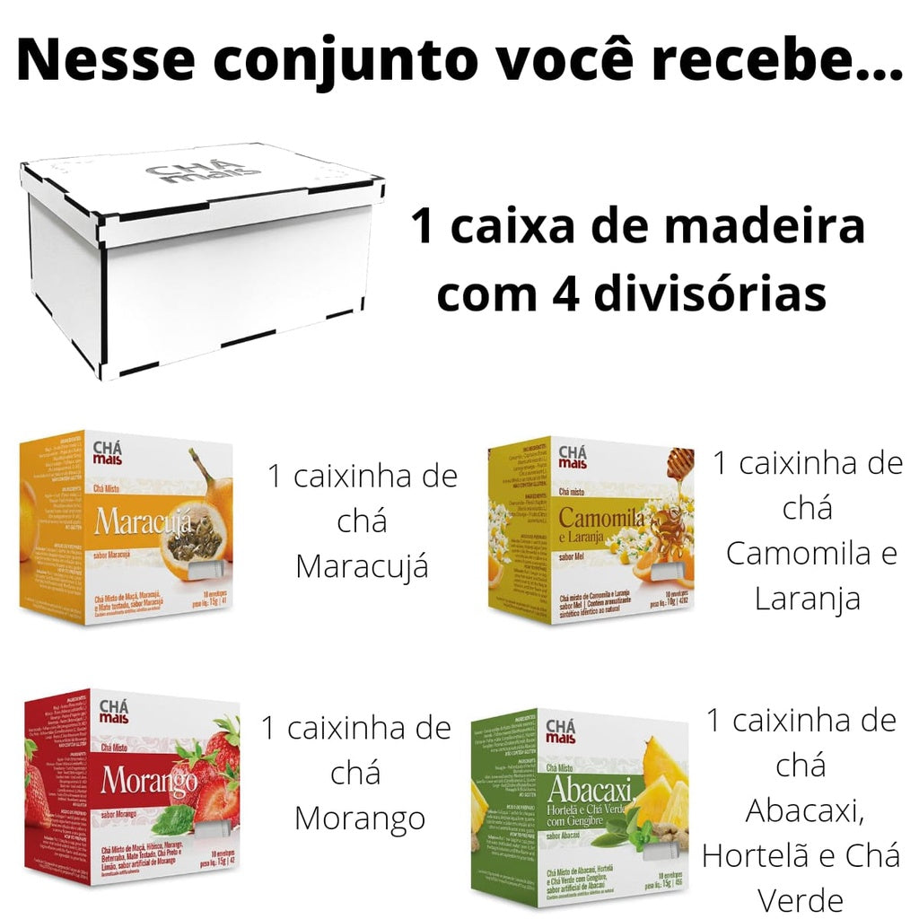 Kit | Caixa De Chá Em Madeira + 4 Caixinhas de Chá Sachê | CháMais