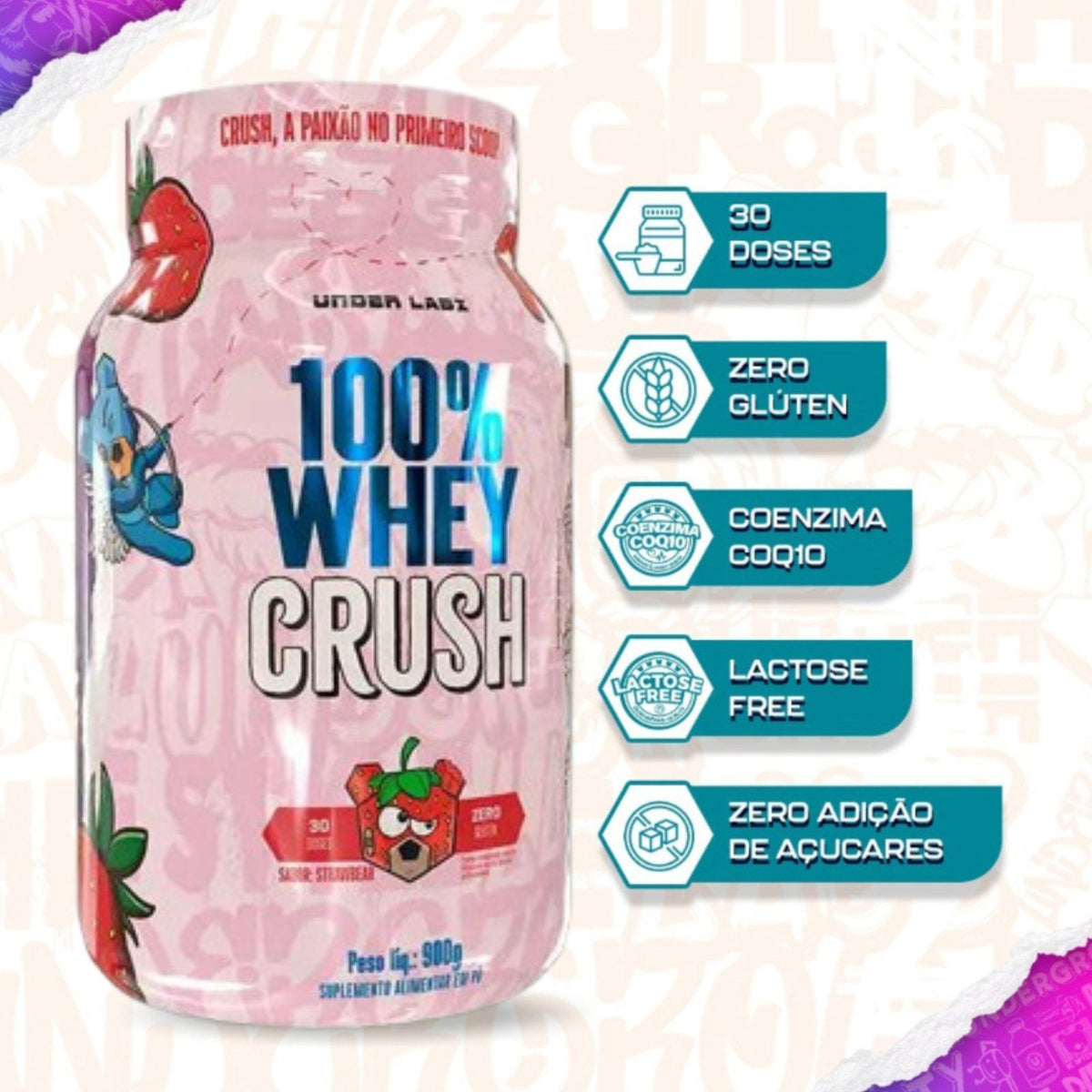 100% Whey Crush Under Labz Sabor Morango | 900g