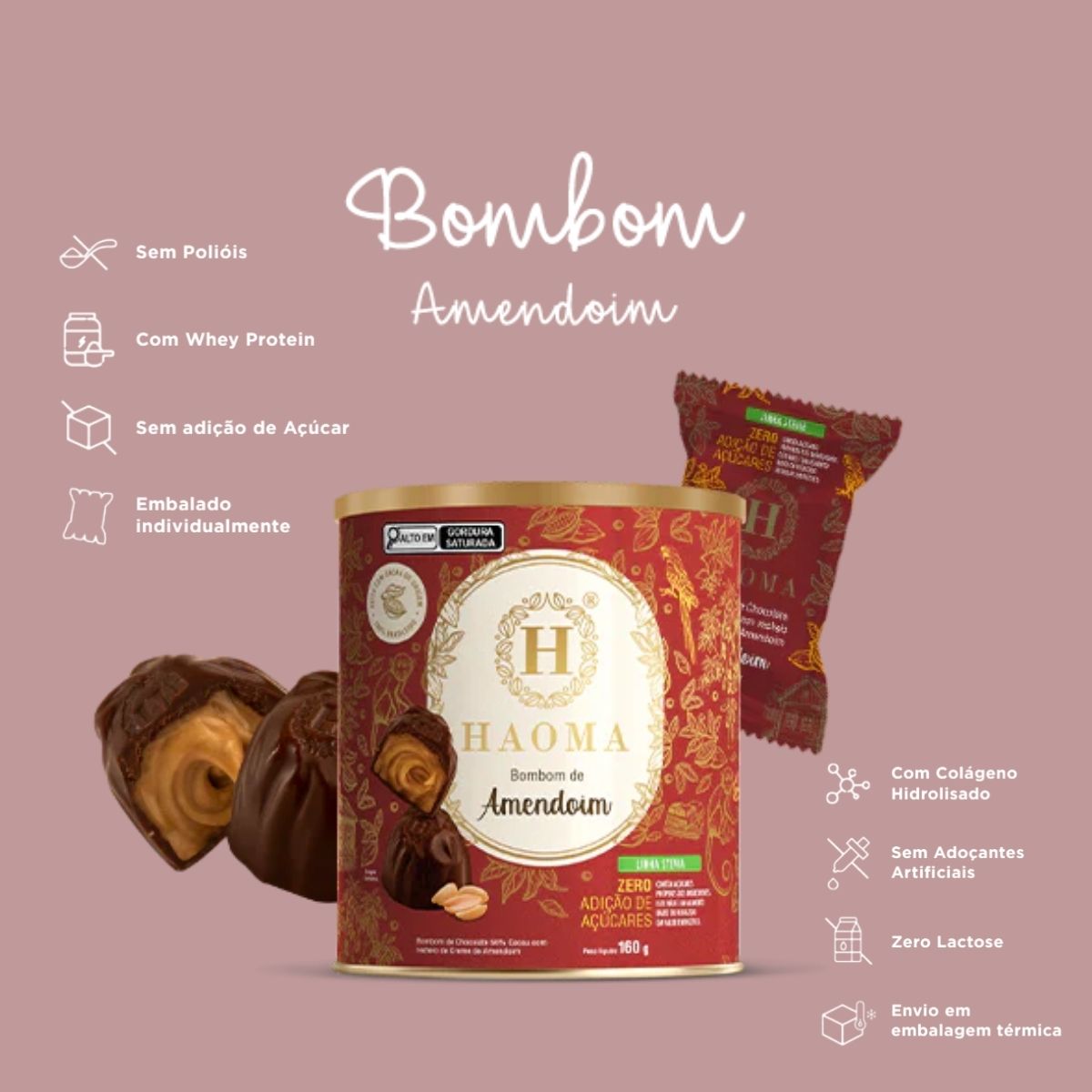 Bombom de Amendoim Linha Stevia Zero Açúcar Haoma | 200g