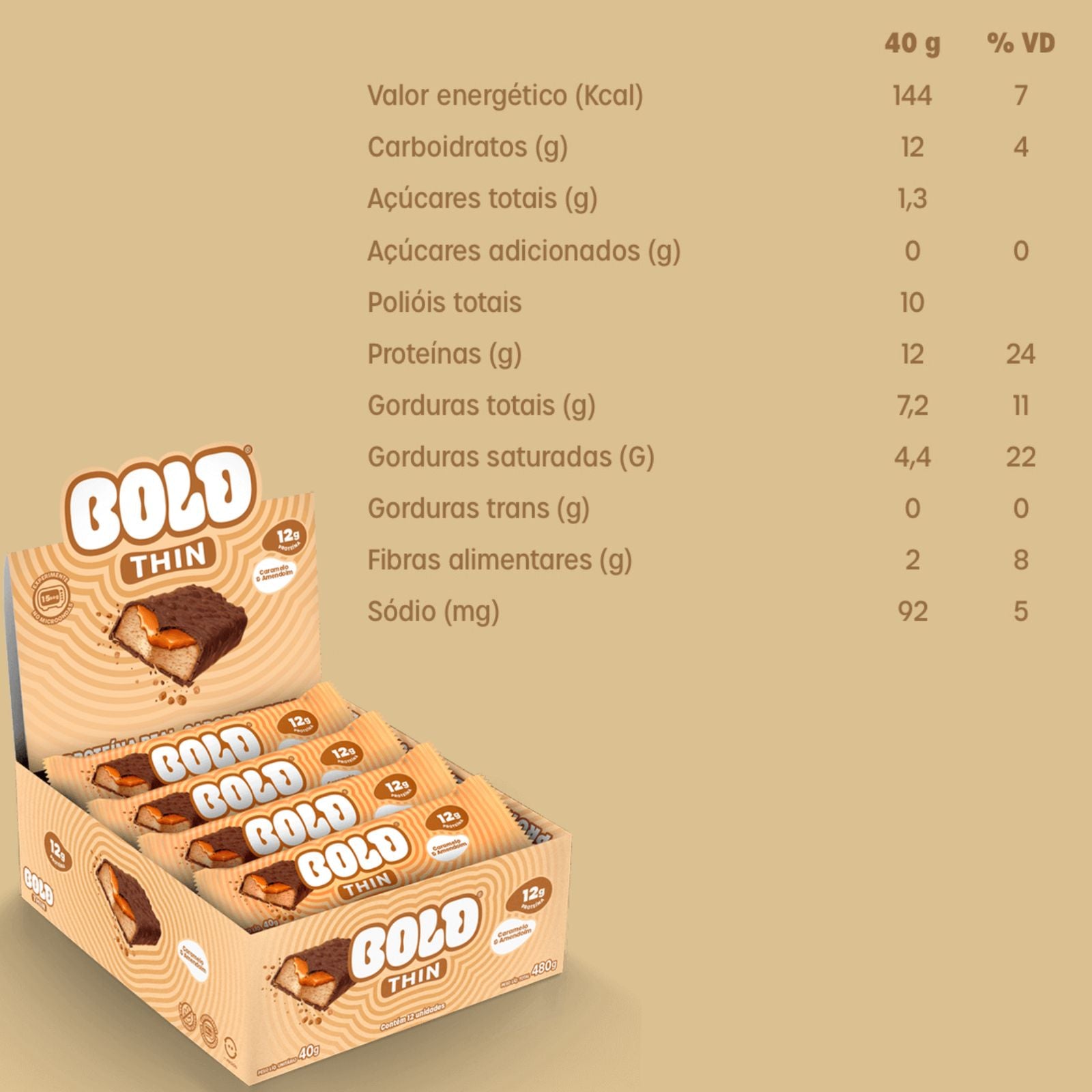 Barrinha Bold Thin Caramelo e Amendoim | 12x40g