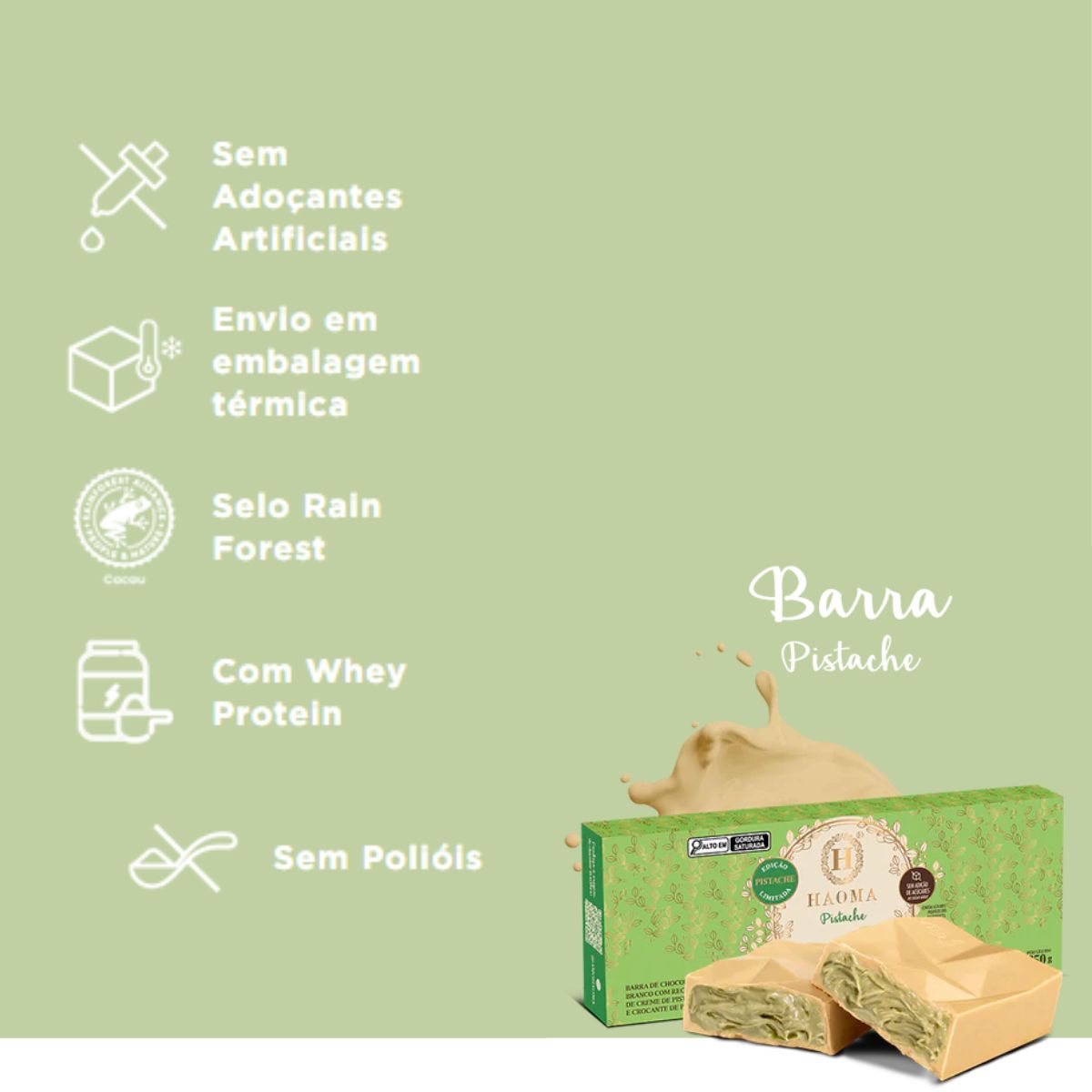 Barra de Chocolate Branco com Pistache Haoma 200g Stevia