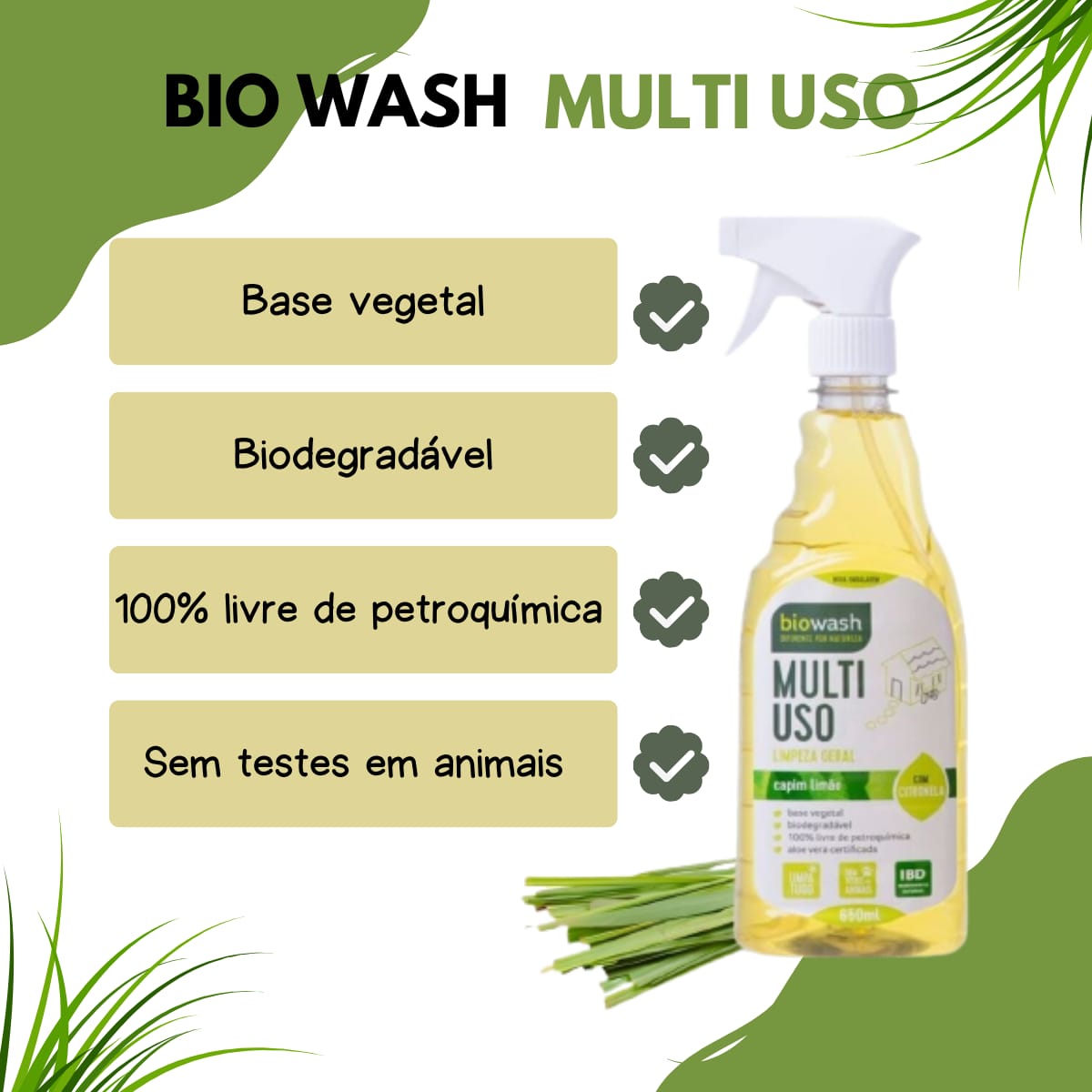 MultiUso Biodegradável Sem Enxágue Capim Limão Biowash | Gatilho 650ml