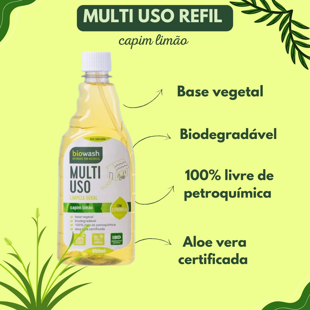 MultiUso Biodegradável Sem Enxágue Capim Limão Biowash | Refil 650ml