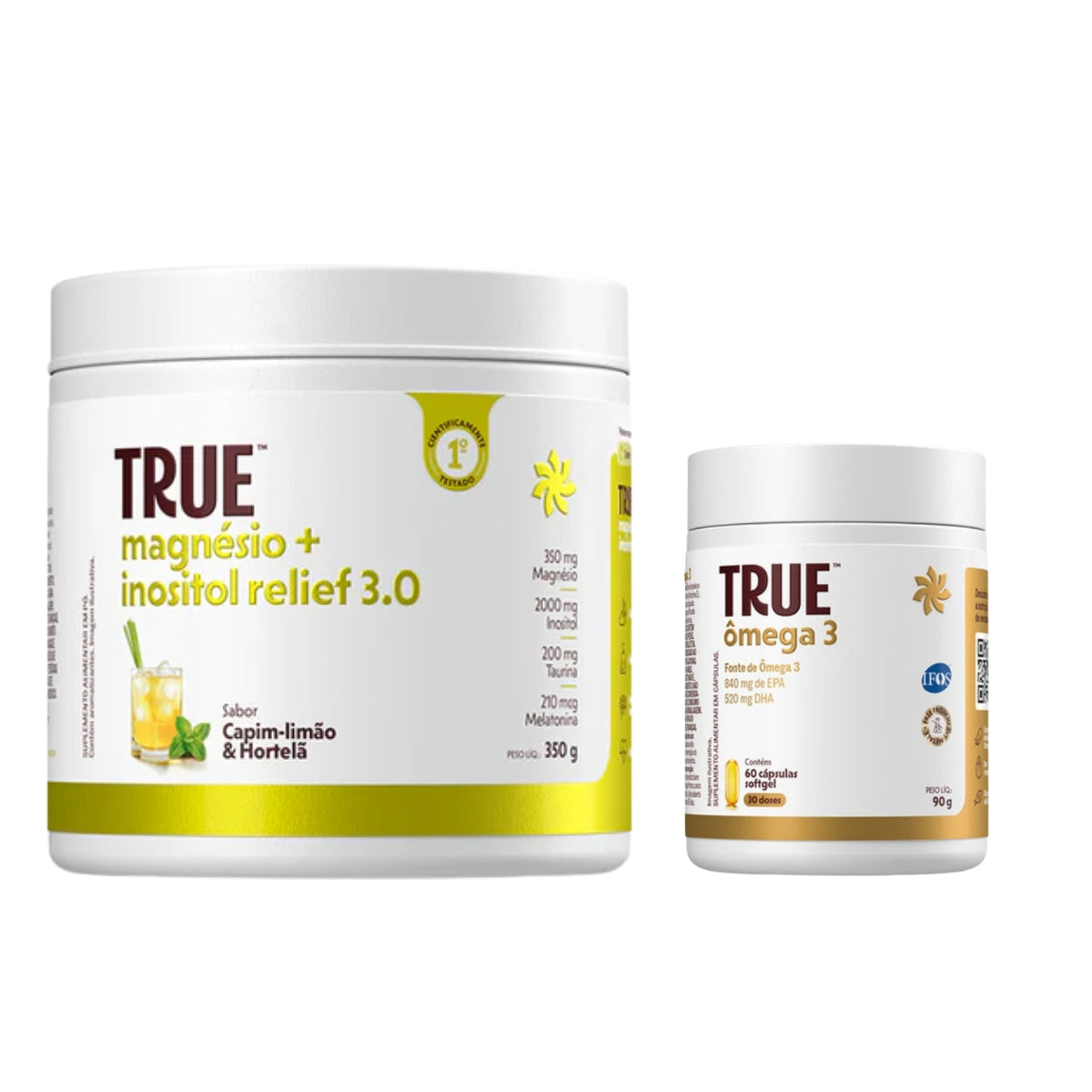 Kit Magnésio Inositol Capim LImão 350g + Ômega 3 True 60 cápsulas