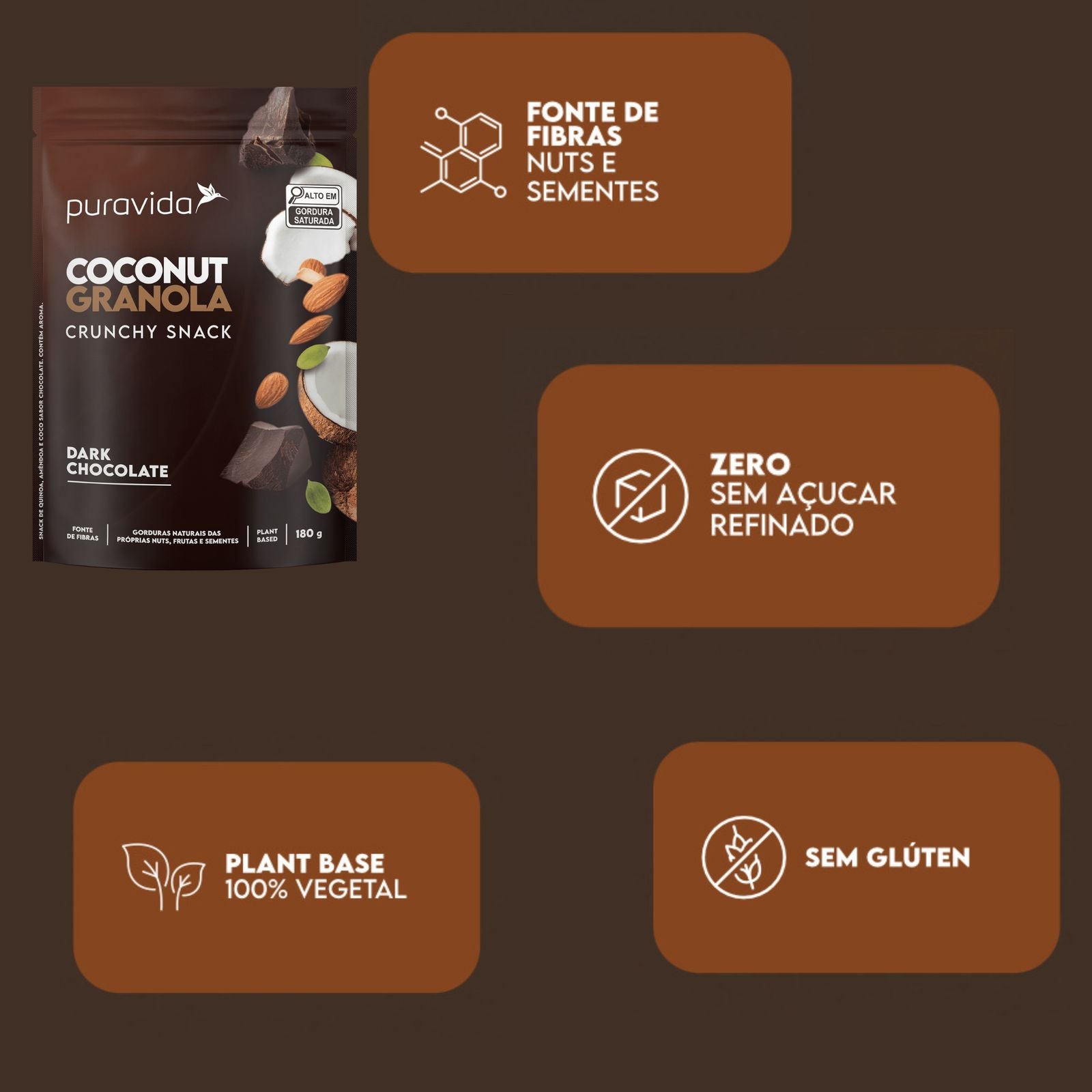 Coconut Granola Crunchy Snack Puravida Dark Chocolate | 180g