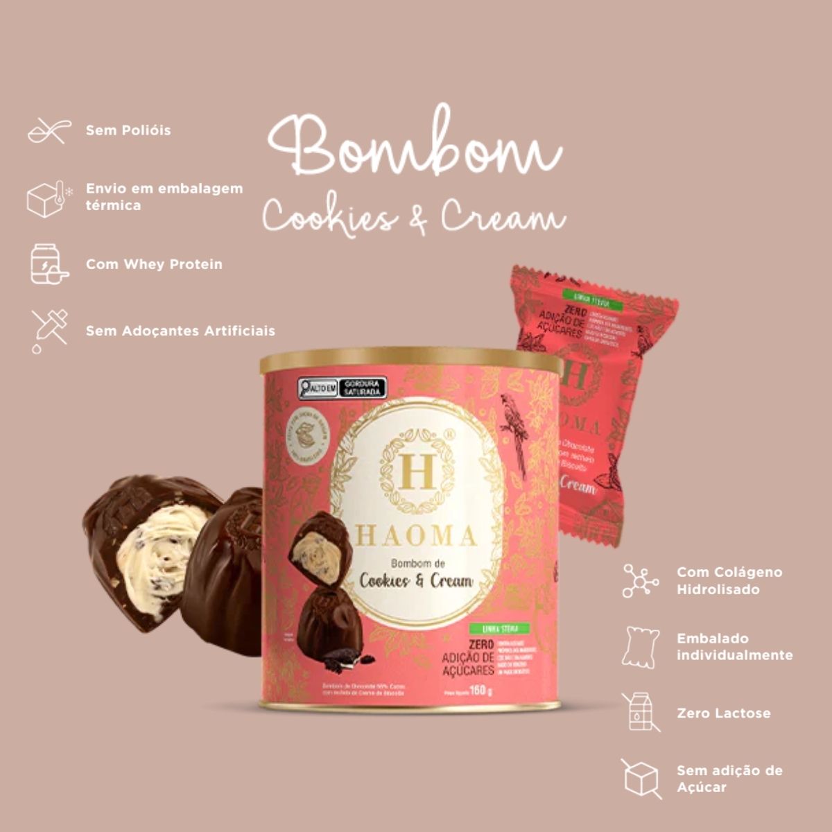 Bombom de Cookies e Cream Linha Stevia Zero Açúcar Haoma | 200g