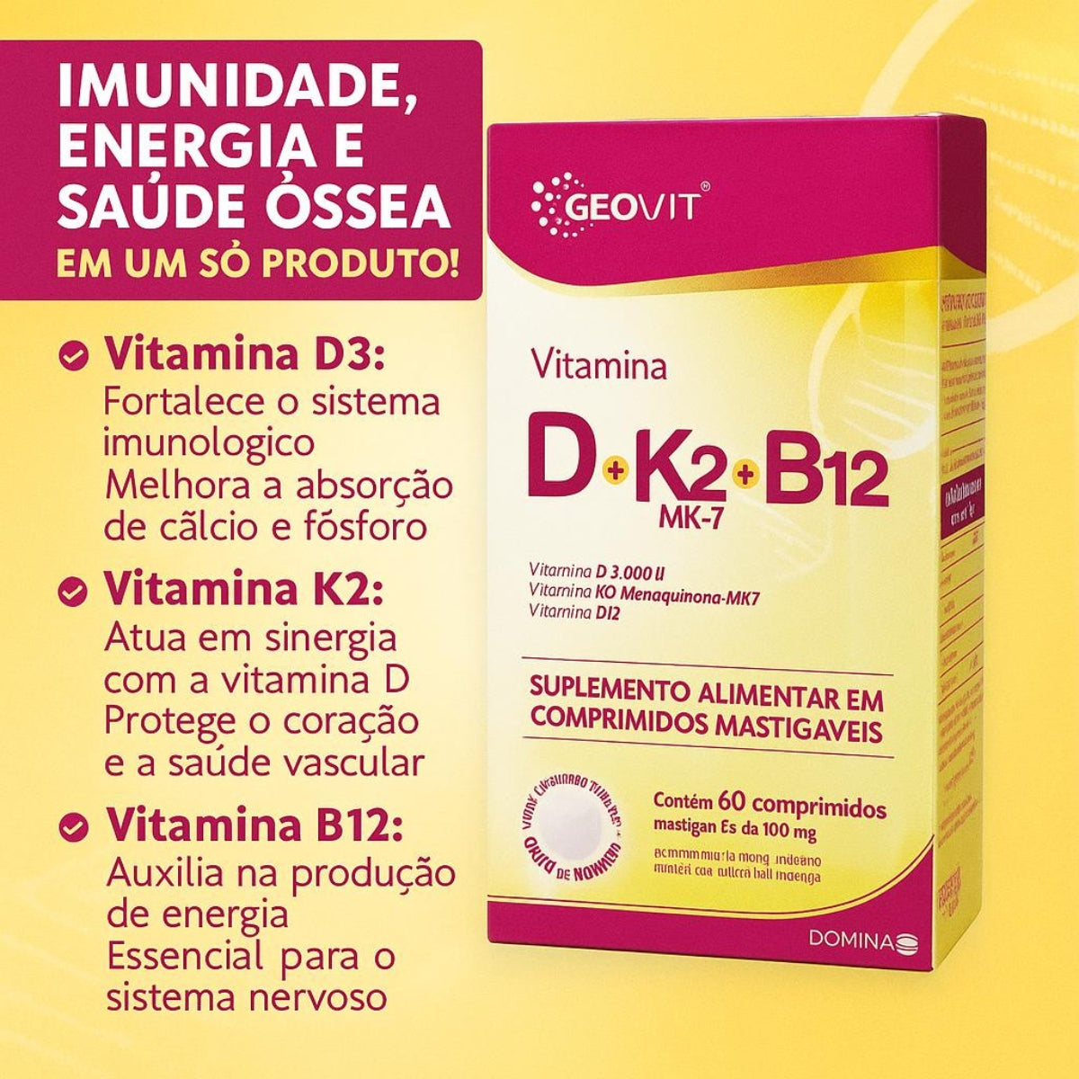 Vitamina D + K2 Mk7 + B12 Geovit Sabor Morango | 60 Comprimidos Mastigáveis
