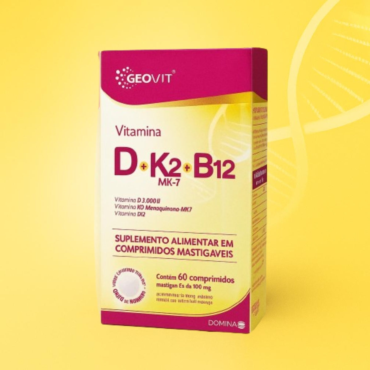 Vitamina D + K2 Mk7 + B12 Geovit Sabor Morango | 60 Comprimidos Mastigáveis