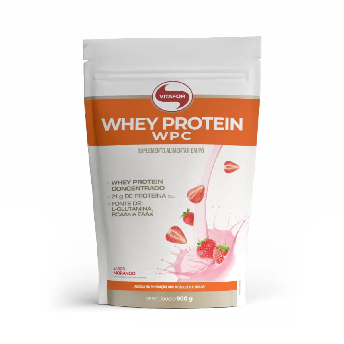 Whey Protein WPC Sabor Morango Vitafor | Sachê 900g