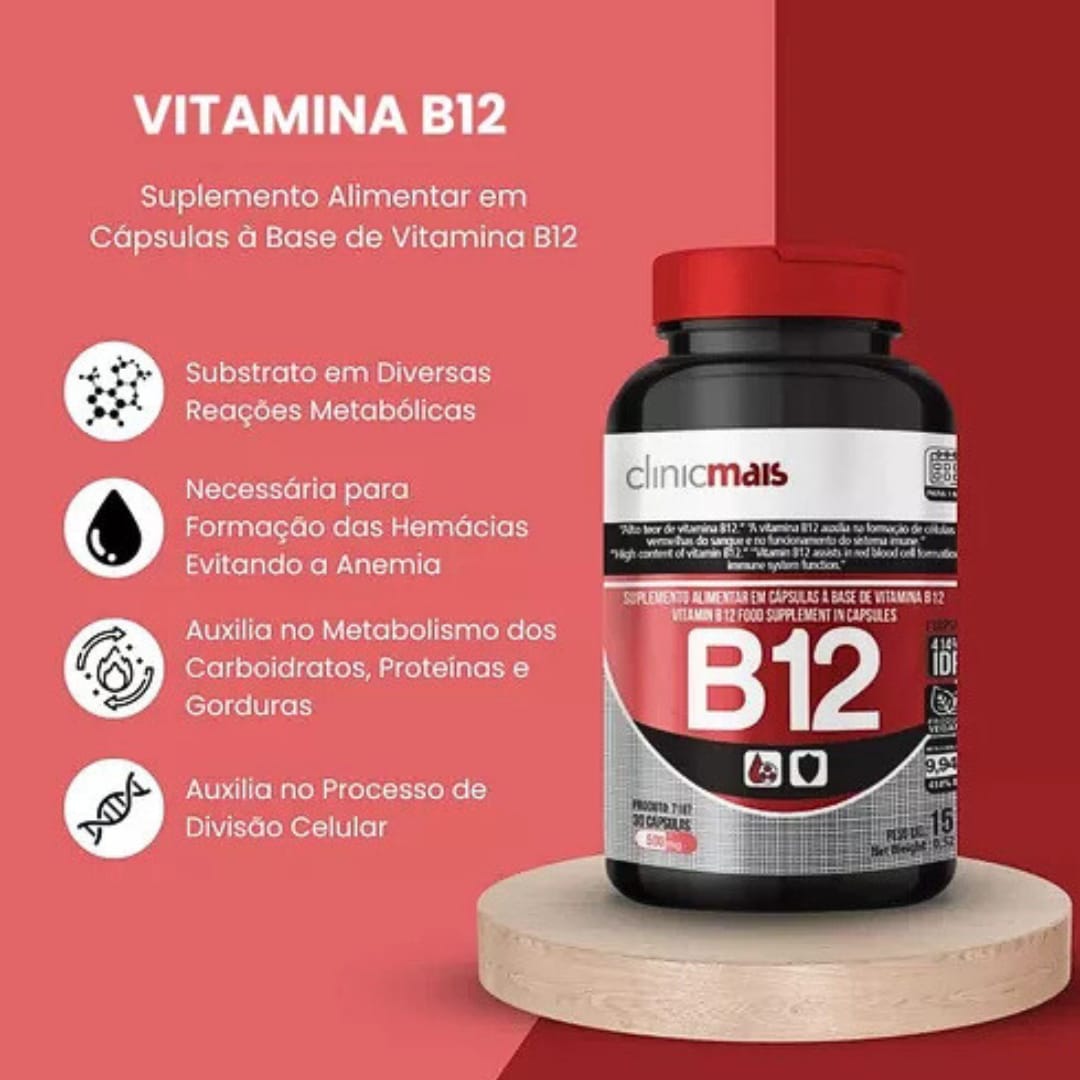 Vitamina B12 9,94mg Vegana Clinicmais | 30 cápsulas
