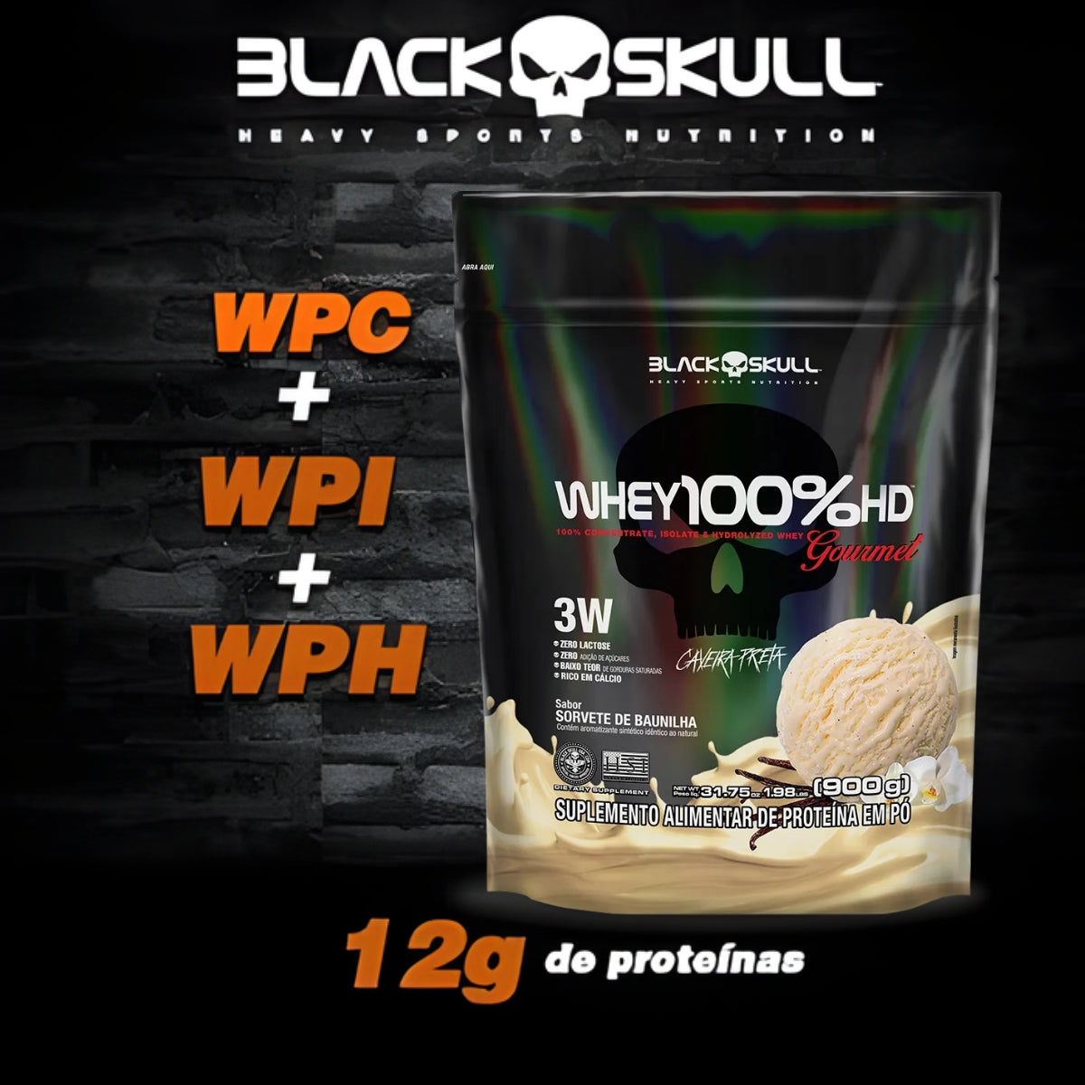 Whey 100%hd Gourmet Black Skull Sorvete De Baunilha | Refil 900g