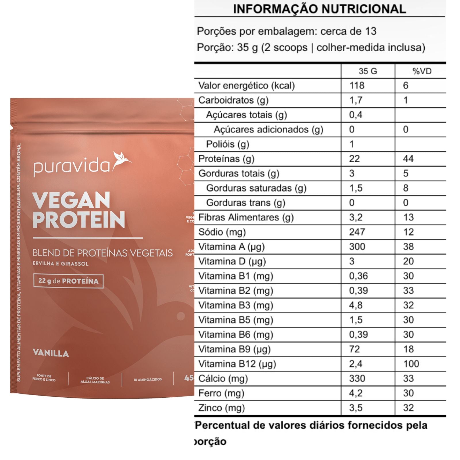 Vegan Protein Puravida Blend de Proteínas Vegetais Sabor Vanilla | 450g