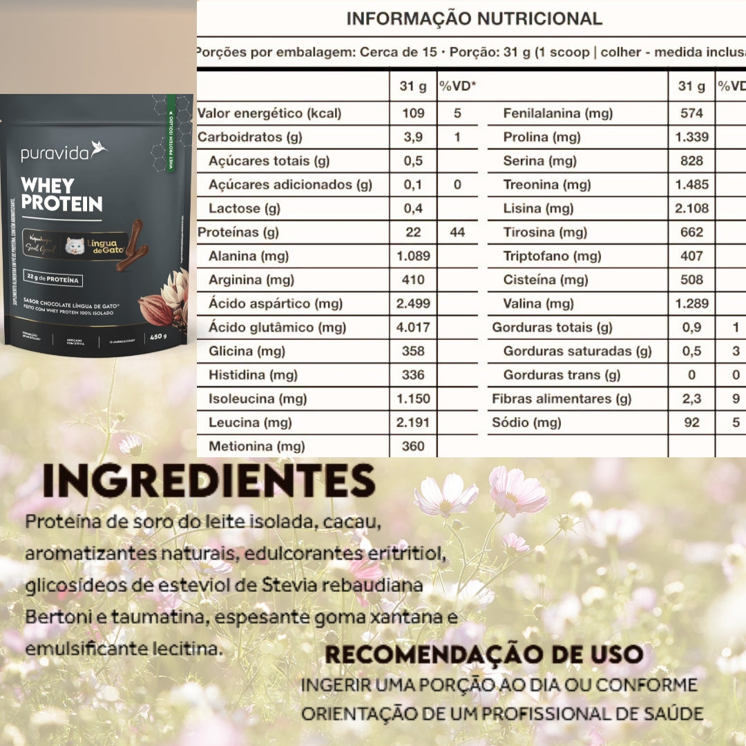 Whey Protein 100% Isolado Chocolate Língua de Gato Puravida | 450g