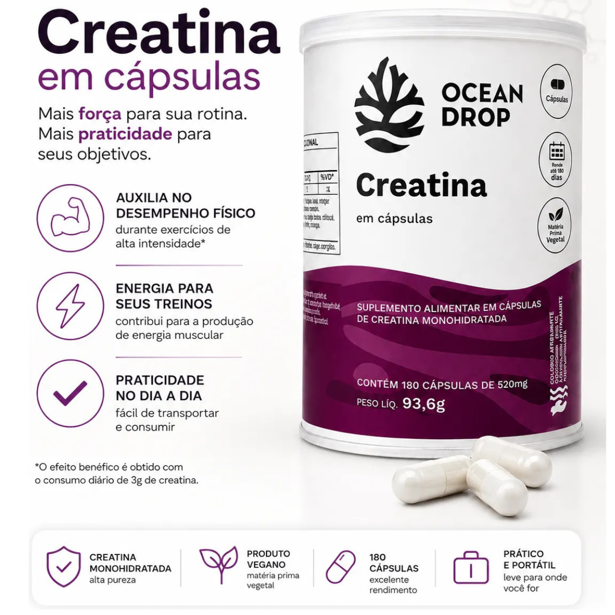 Creatina em Cápsulas Ocean Drop | 180 caps