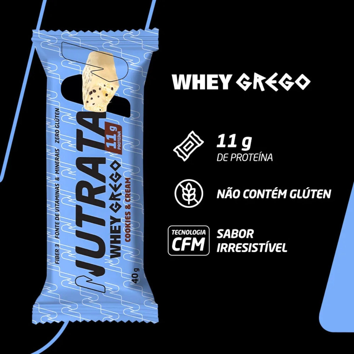 Barra de Proteína Whey Grego Cookies e Cream Nutrata | 12x40g