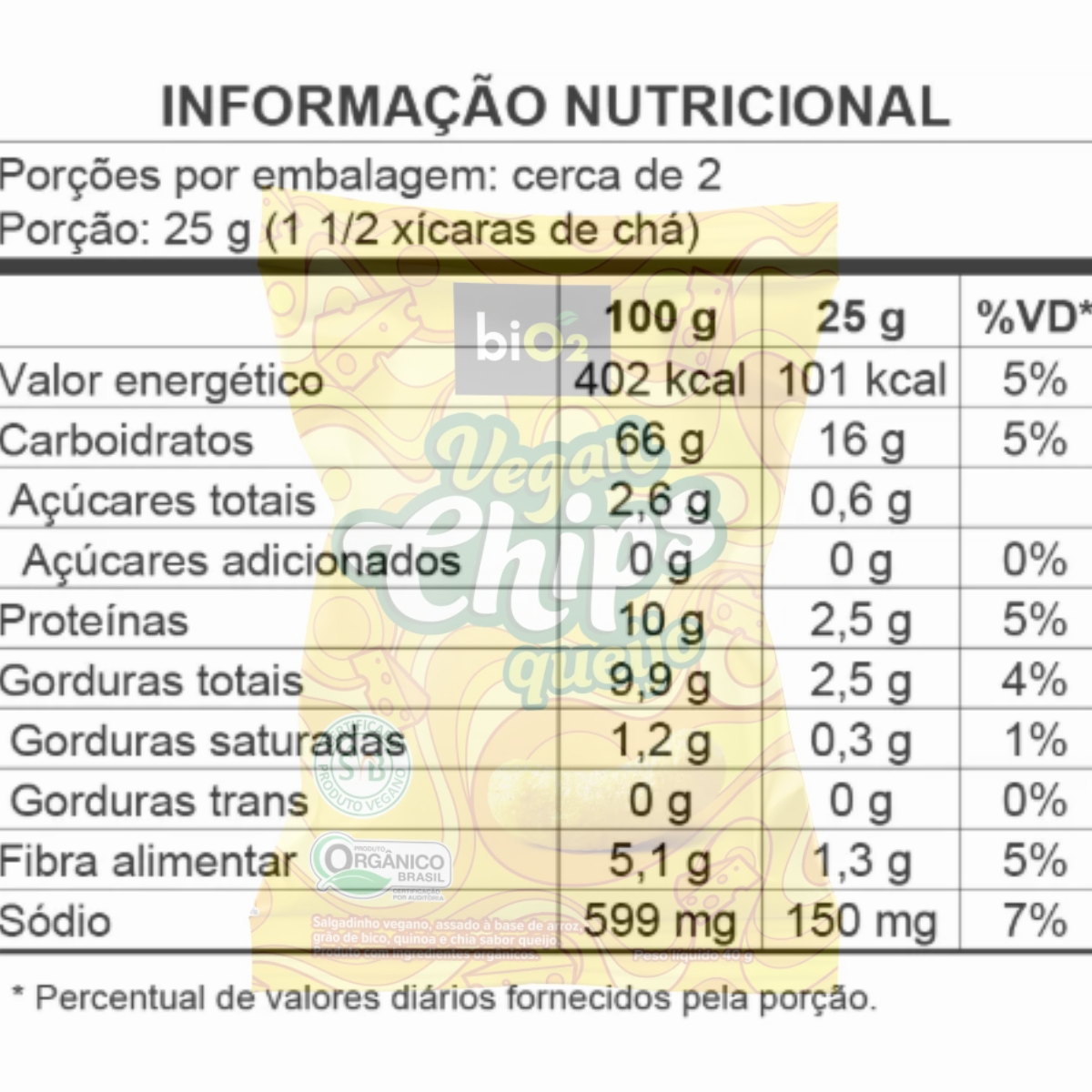 Salgadinho Orgânico Vegan Chips Bio2 Queijo | 40g