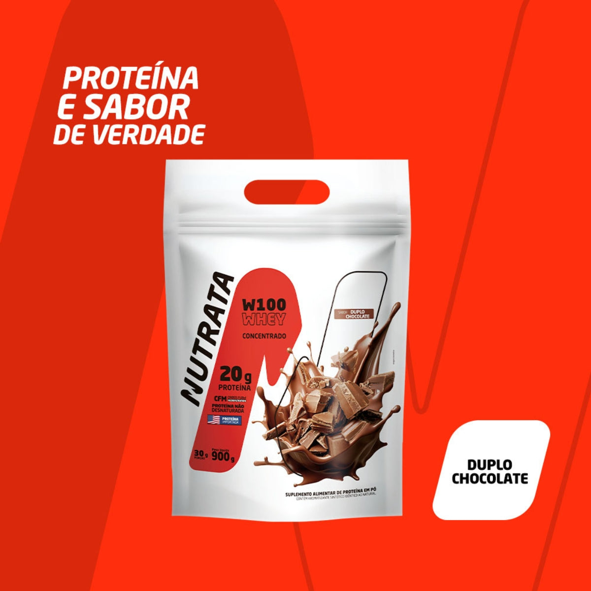 W100 Whey Concentrado Duplo Chocolate Nutrata | Refil 900g