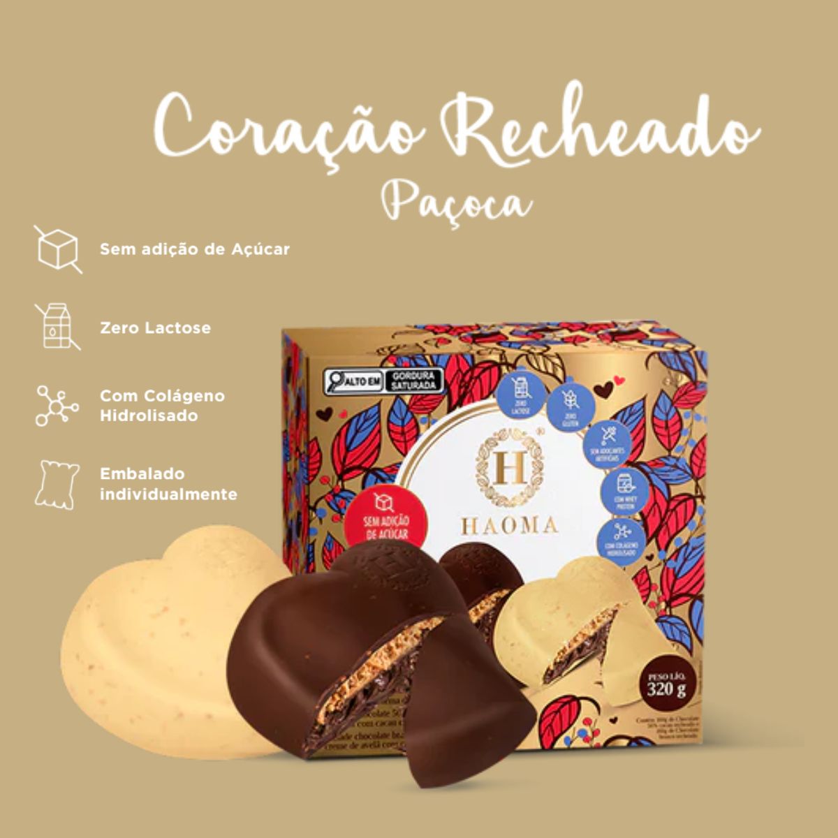 Coração de Chocolate Recheado com Avelã e Paçoca Haoma | 320g
