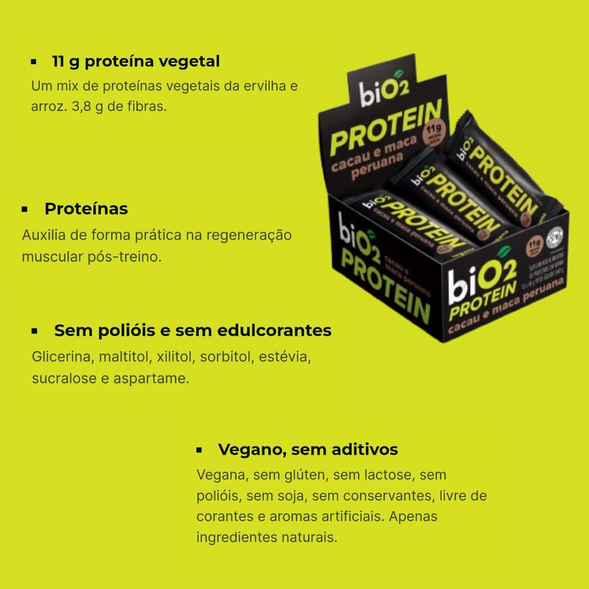 Barra Proteína Vegana BiO2 Cacau e Maca Peruana | Cx 12 barrinhas
