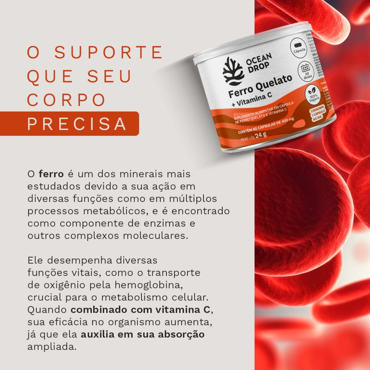 Ferro Quelato + Vitamina C Ocean Drop | 60 cápsulas