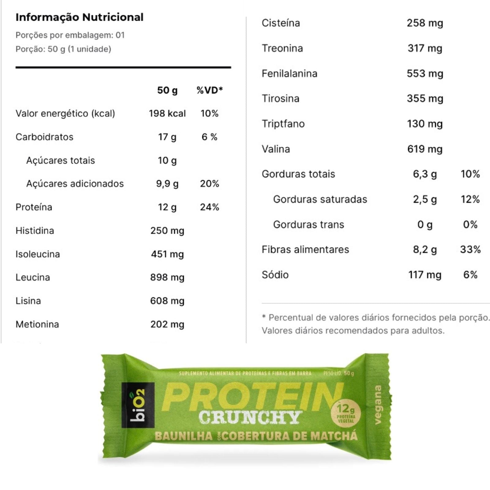 Barra BiO2 Protein Crunchy Baunilha com Cobertura de Matchá | 9x50g