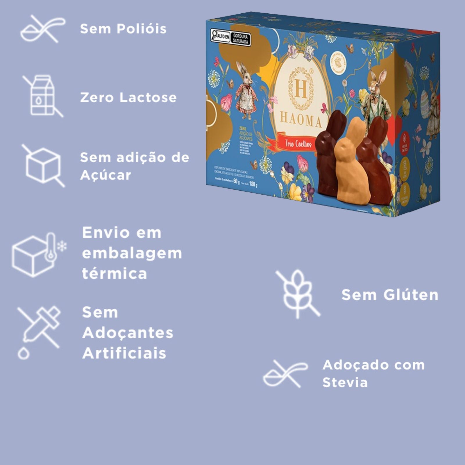 Trio de Coelhos de Chocolate Páscoa Haoma 180g