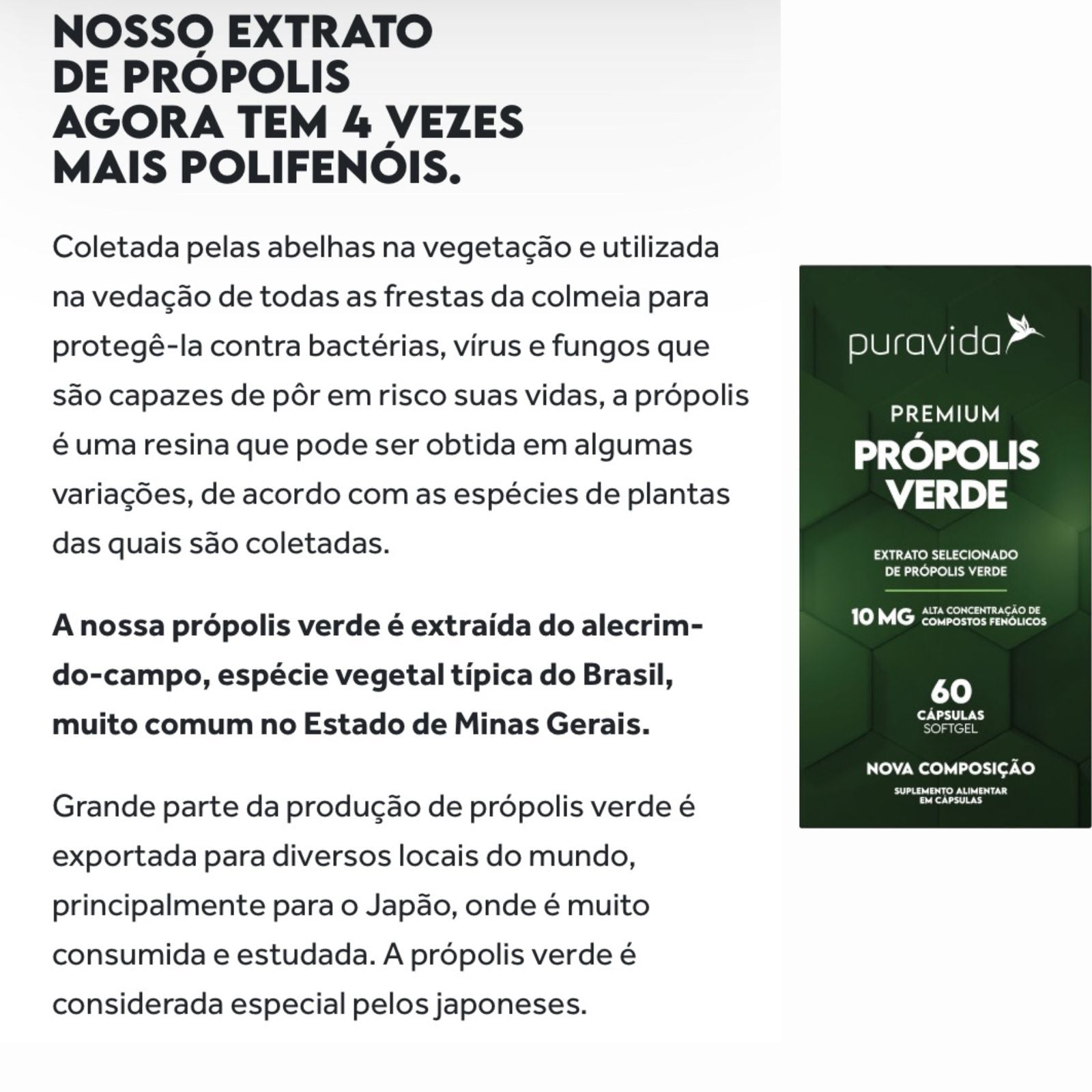 Premium Própolis Verde 10mg Puravida Alta Concentração | 60 Cápsulas