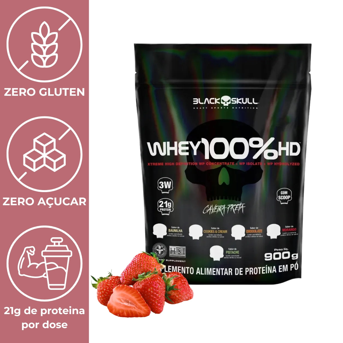 Whey 100%hd Black Skull Morango | Refil 900g