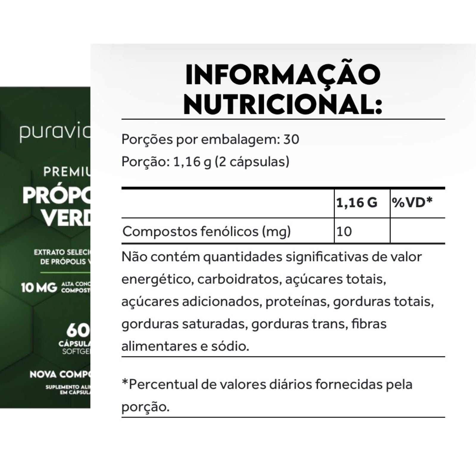 Premium Própolis Verde 10mg Puravida Alta Concentração | 60 Cápsulas