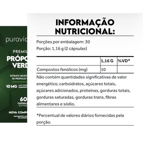 Premium Própolis Verde 10mg Puravida Alta Concentração | 60 Cápsulas