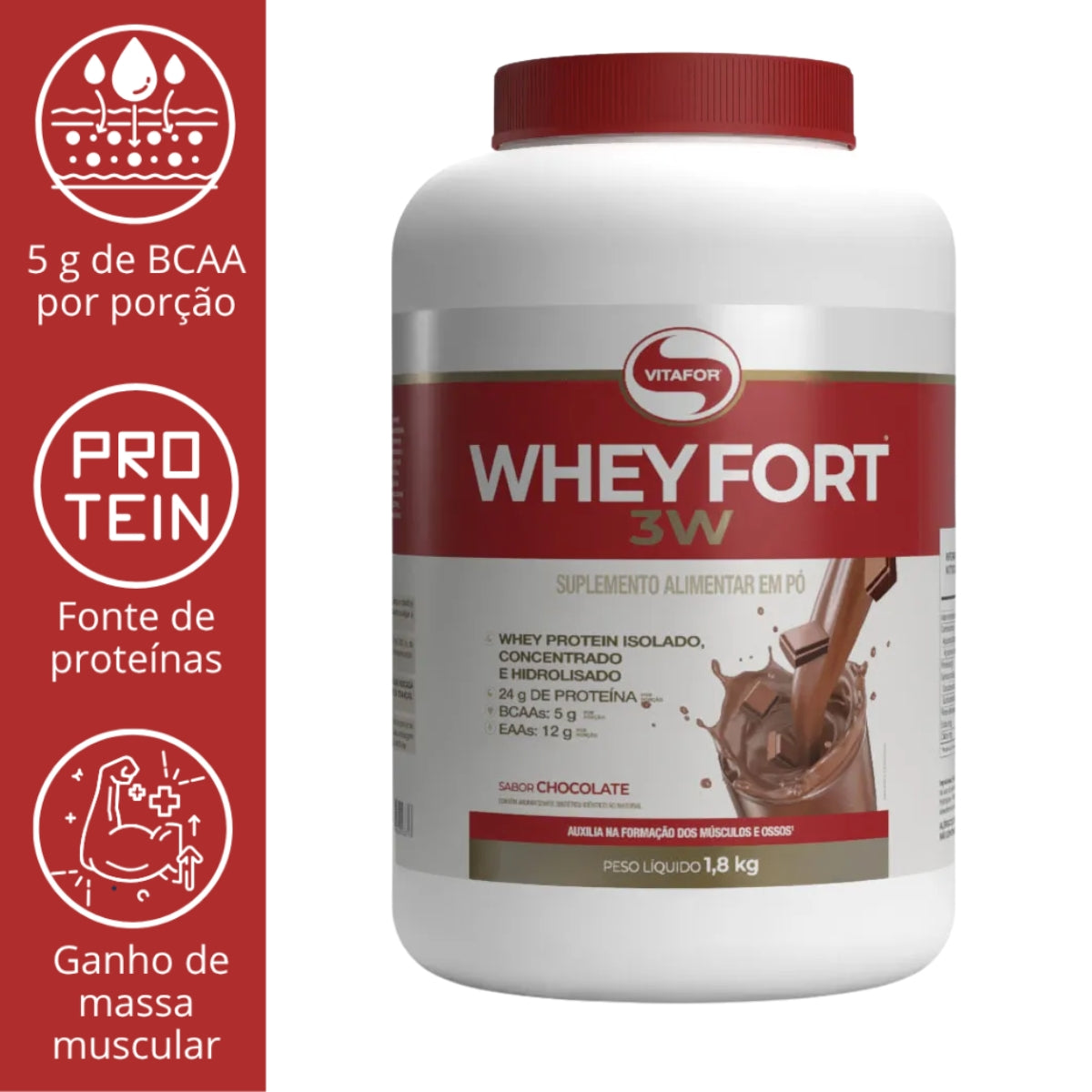 Whey Fort 3W Sabor Chocolate Vitafor | 1,8kg